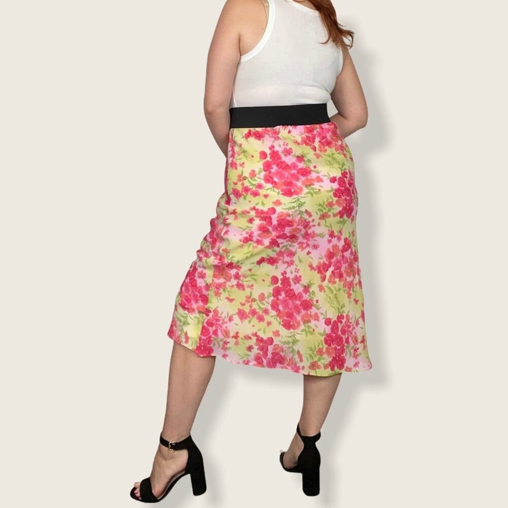 Vintage SL Fashions Petites Size 12 Pastel Pink/Yellow Floral Print Midi Skirt - Picture 4 of 11